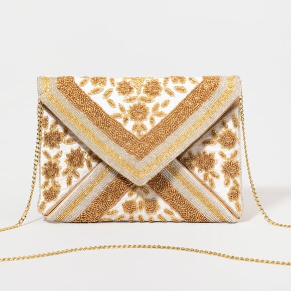 Golden Floral Gatsby Clutch Purse Gold Silver Sparkle Glass Seed Beaded w/Chain - Picture 1 of 4